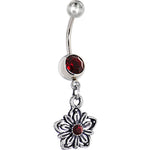 Gerber Daisy Flower Siam Red Gem Dangle Belly Ring