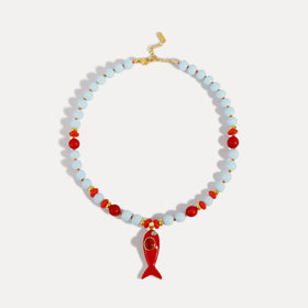 Coral Reef Fish Charm Necklace - Ocean Blue & Coral Beaded Necklace