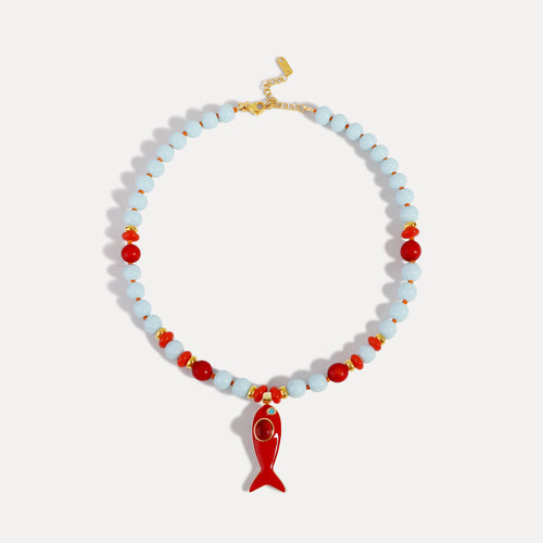 Coral Reef Fish Charm Necklace - Ocean Blue & Coral Beaded Necklace