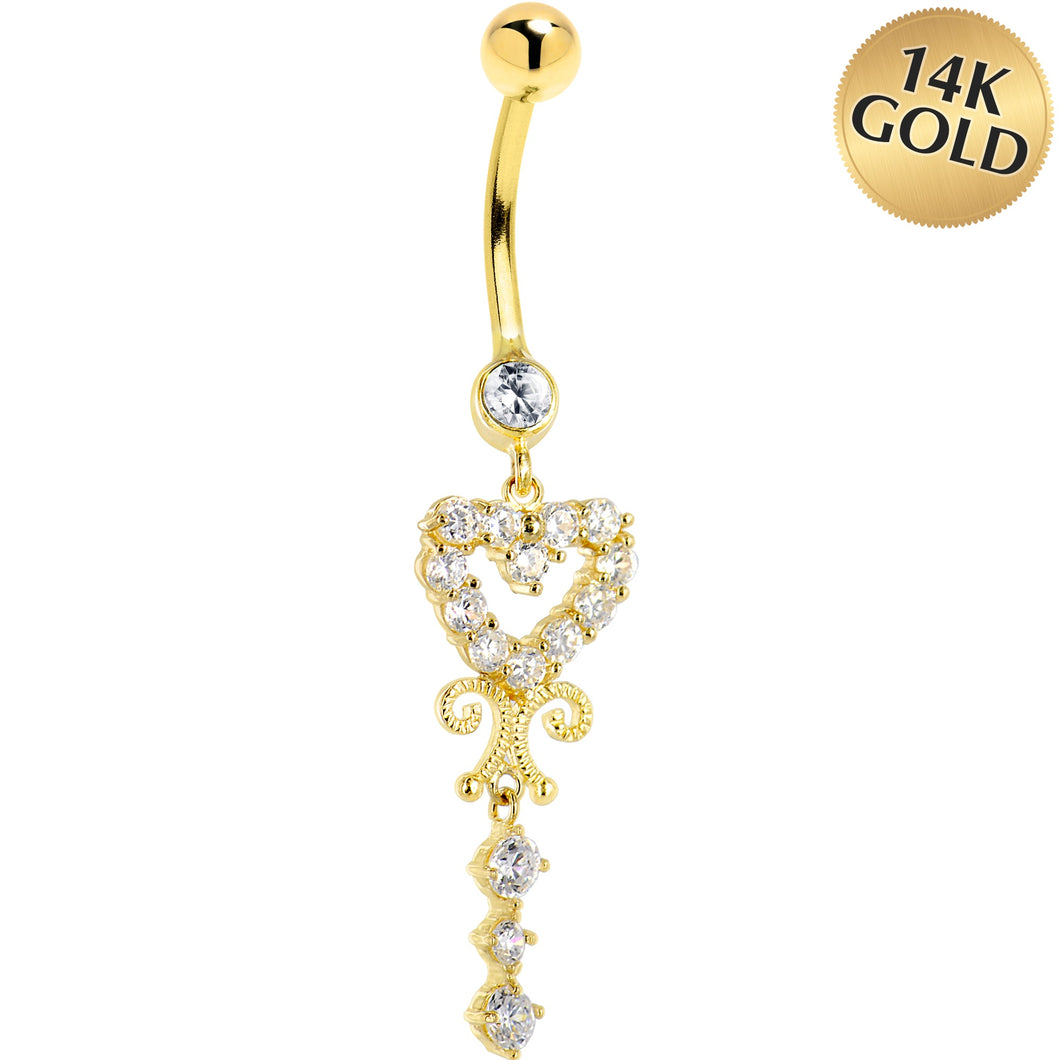 16G Solid 14K Yellow Gold SCROLL DROP HEART Cubic Zirconia Belly Ring