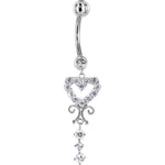 16G Solid 14K White Gold SCROLL DROP HEART Cubic Zirconia Belly Ring