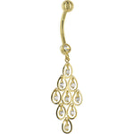 16G Solid 14K Yellow Gold TEARDROP CHANDELIER Cubic Zirconia Belly Ring