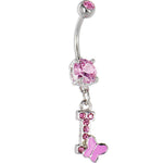 Pink Gem Butterfly INITIAL Dangle Belly Ring - LETTER I