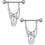 14G 5/8 Clear Teardrop Chain Dangle Nipple Ring Set