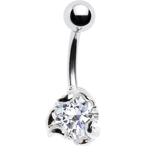 Sterling Silver 925 Clear CZ Scroll Solitaire Belly Ring