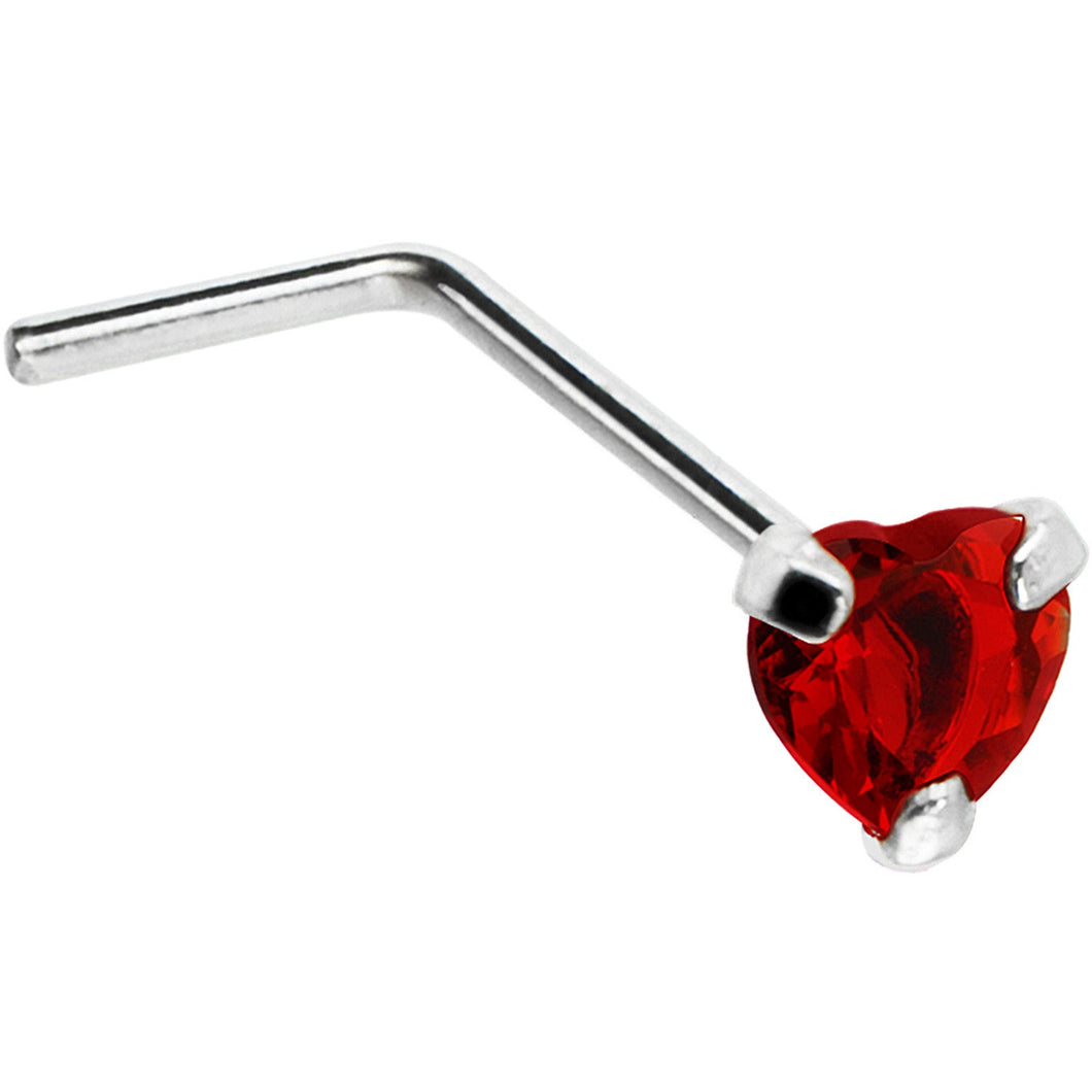 Sterling Silver 925 Red CZ Heart L-Shape Nose Ring