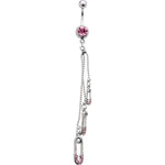 Pink Gem Safety Pin Drop Belly Ring