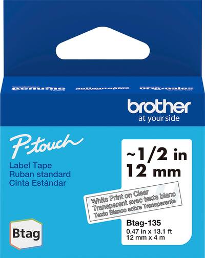 New, Pre-owned, Brother P-Touch Btag BTAG135 White on Clear Label Tape ~1/2in by 13.1ft (12mm x 4m)