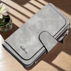 Vintage Faux Leather Long Wallet – Trifold Credit Card Holder with Snap & Zipper