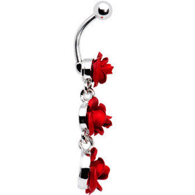 Ruby Red ROSE BOUQUET Dangle Belly Ring