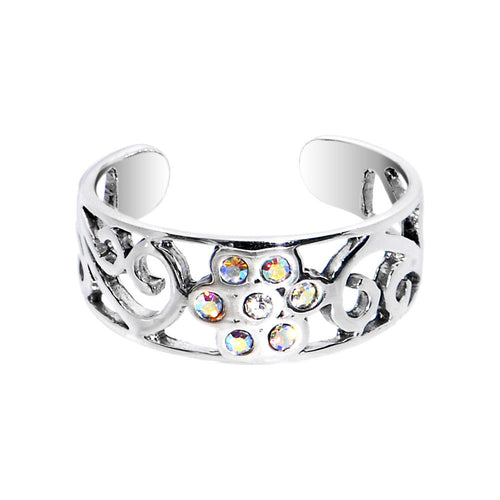 Sterling Silver 925 Aurora CZ Scroll Flower Toe Ring