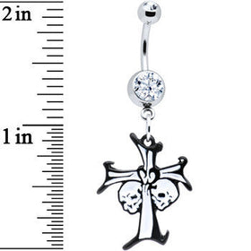 Black and White Double Skulls Cross Belly Ring