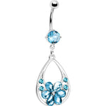 Beautiful Blue Gem Floral Teardrop Dangle Belly Ring