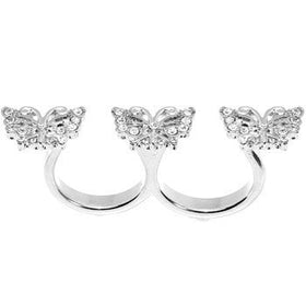 Silver Tone Crystalline Butterfly Trio Double Finger Ring