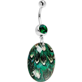 Green Gem Paradise Feather Oval Dangle Belly Ring