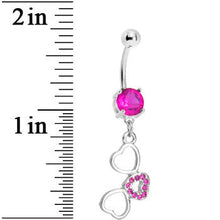 Fuchsia Pink Gem Flowing Hearts Belly Ring