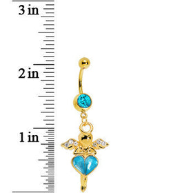 Gold Plated Aqua Gem Heart of an Angel Belly Ring