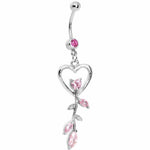 Pink Gem Heart Rose Flower Floral Belly Ring