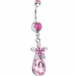 Pink Gem Exotic Flower Teardrop Belly Ring