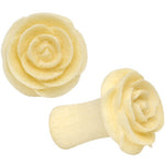 2G Organic White Crocodile Wood Rose Flower Hand Carved Plug Set