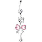 Clear Pink Crystal Bow Heart Dangle Belly Ring