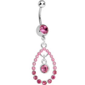 Pink Gem Faux Pearl Teardrop Dangle Belly Ring