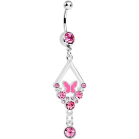 Pink Gem and Butterfly Dangle Belly Ring