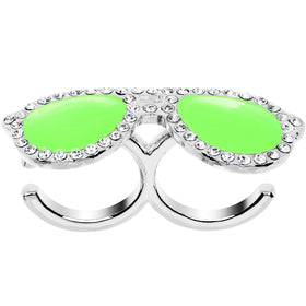 Green Neon Clear Gem Silver Tone Fashion Glasses Double Finger Ring