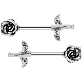 14G 5/8 Sprouting Rose Flower Barbell Nipple Ring Set