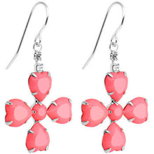 Clear Gem Pink Neon Four Leaf Flower Dangle Earrings