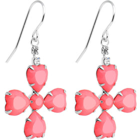 Clear Gem Pink Neon Four Leaf Flower Dangle Earrings