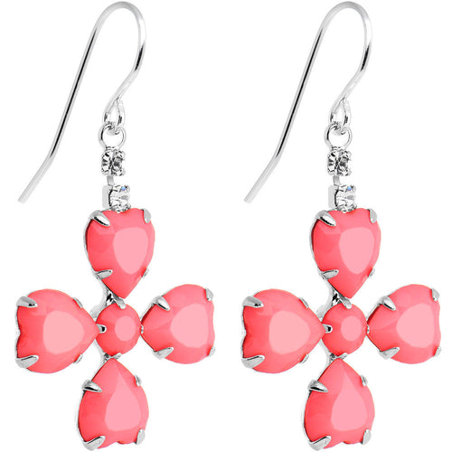 Clear Gem Pink Neon Four Leaf Flower Dangle Earrings