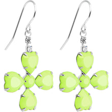 Clear Gem Green Neon Four Leaf Clover Dangle Earrings