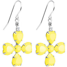 Clear Gem Yellow Neon Four Leaf Flower Dangle Earrings