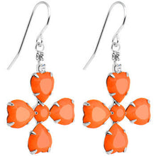 Clear Gem Orange Neon Four Leaf Flower Dangle Earrings