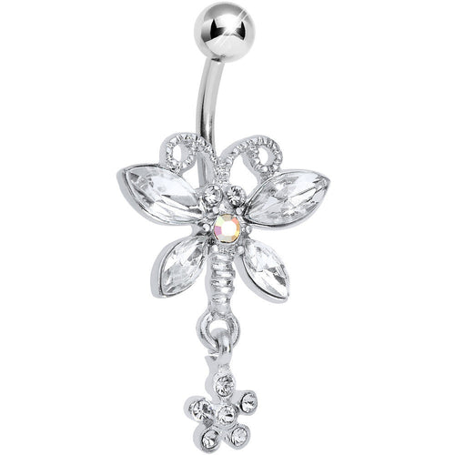 Crystalline Gem Dazzling Dragonfly Flower Dangle Belly Ring