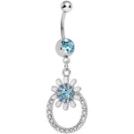 Aqua Crystalline Gem Paved Ring Bursting Flower Dangle Belly Ring