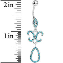 Aqua Gem Crystalline Fleur di Lis Teardrop Double Dangle Belly Ring