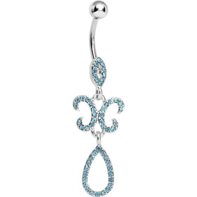 Aqua Gem Crystalline Fleur di Lis Teardrop Double Dangle Belly Ring