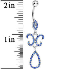 Sapphire Blue Gem Crystalline Fleur di Lis Teardrop Double Dangle Belly Ring