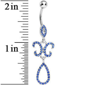 Sapphire Blue Gem Crystalline Fleur di Lis Teardrop Double Dangle Belly Ring