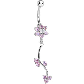 Pink Gem Trailing Vine and Flower Dangle Belly Ring