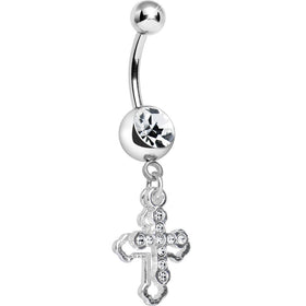 Clear Gem Hollow Cross Charm Double Dangle Belly Ring