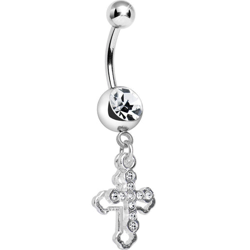 Clear Gem Hollow Cross Charm Double Dangle Belly Ring