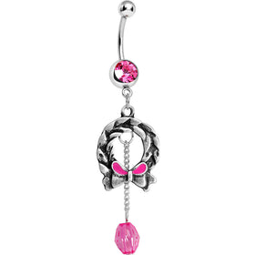 Pink Gem Antique Wreath with Bead Chain Drop Dangle Belly Ring