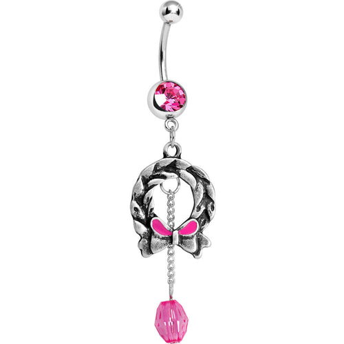 Pink Gem Antique Wreath with Bead Chain Drop Dangle Belly Ring