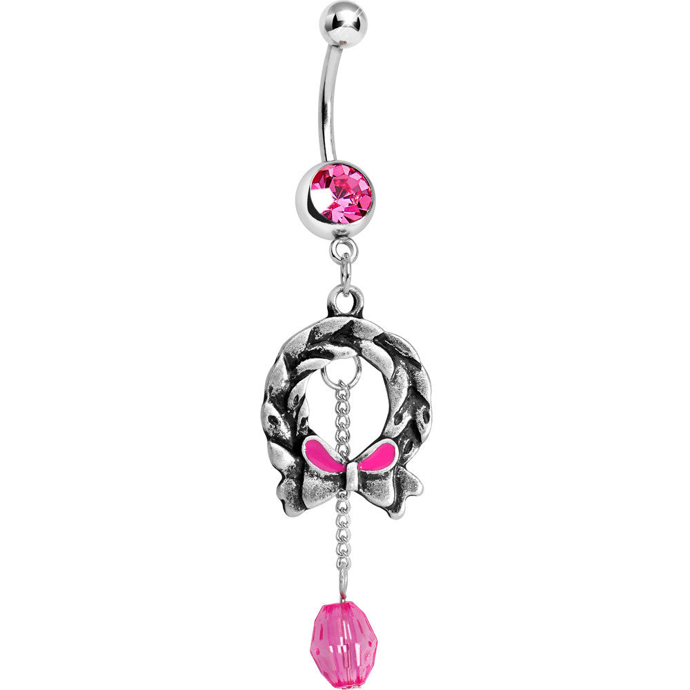 Pink Gem Antique Wreath with Bead Chain Drop Dangle Belly Ring
