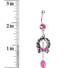 Pink Gem Antique Wreath with Bead Chain Drop Dangle Belly Ring