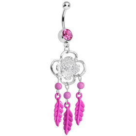 Pink Gem and Feathers Flowered Dreamcatcher Dangle Belly Ring