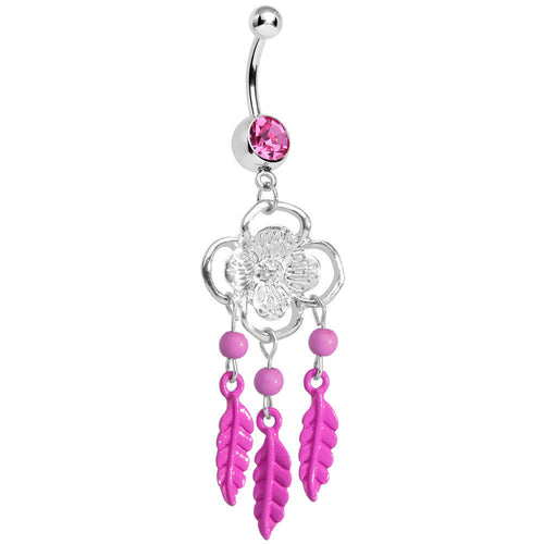 Pink Gem and Feathers Flowered Dreamcatcher Dangle Belly Ring